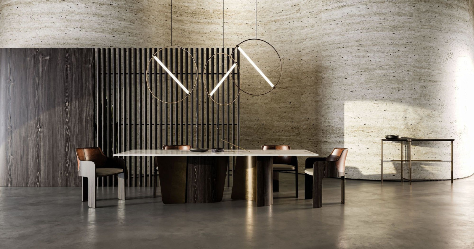 Leaf table standing in front of a marble covered wall