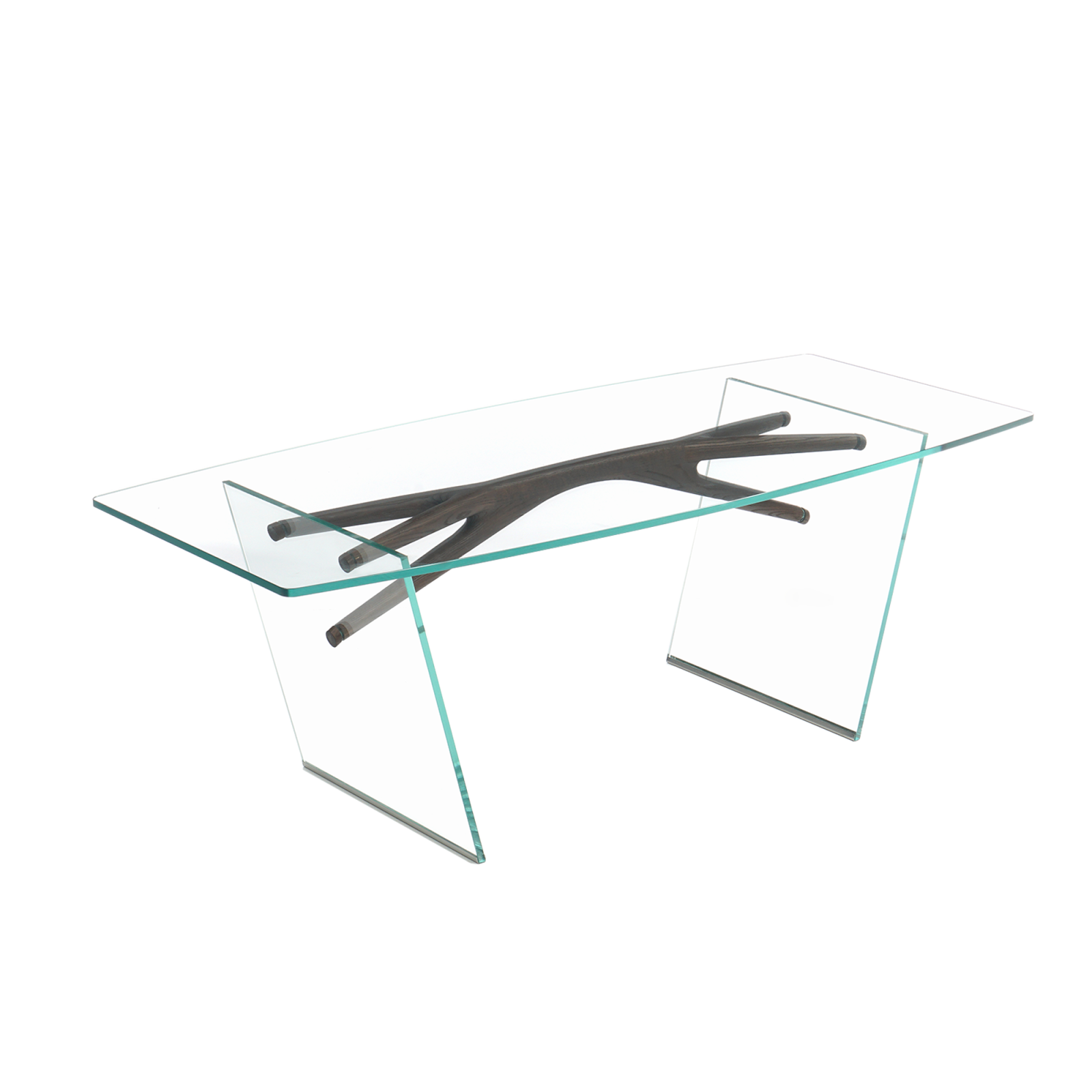Ceviz ağacından yapılan, şeffaf bir cam ile desteklenen Loop Masası. Beyaz bir arka plan üzerinde duruyor.
