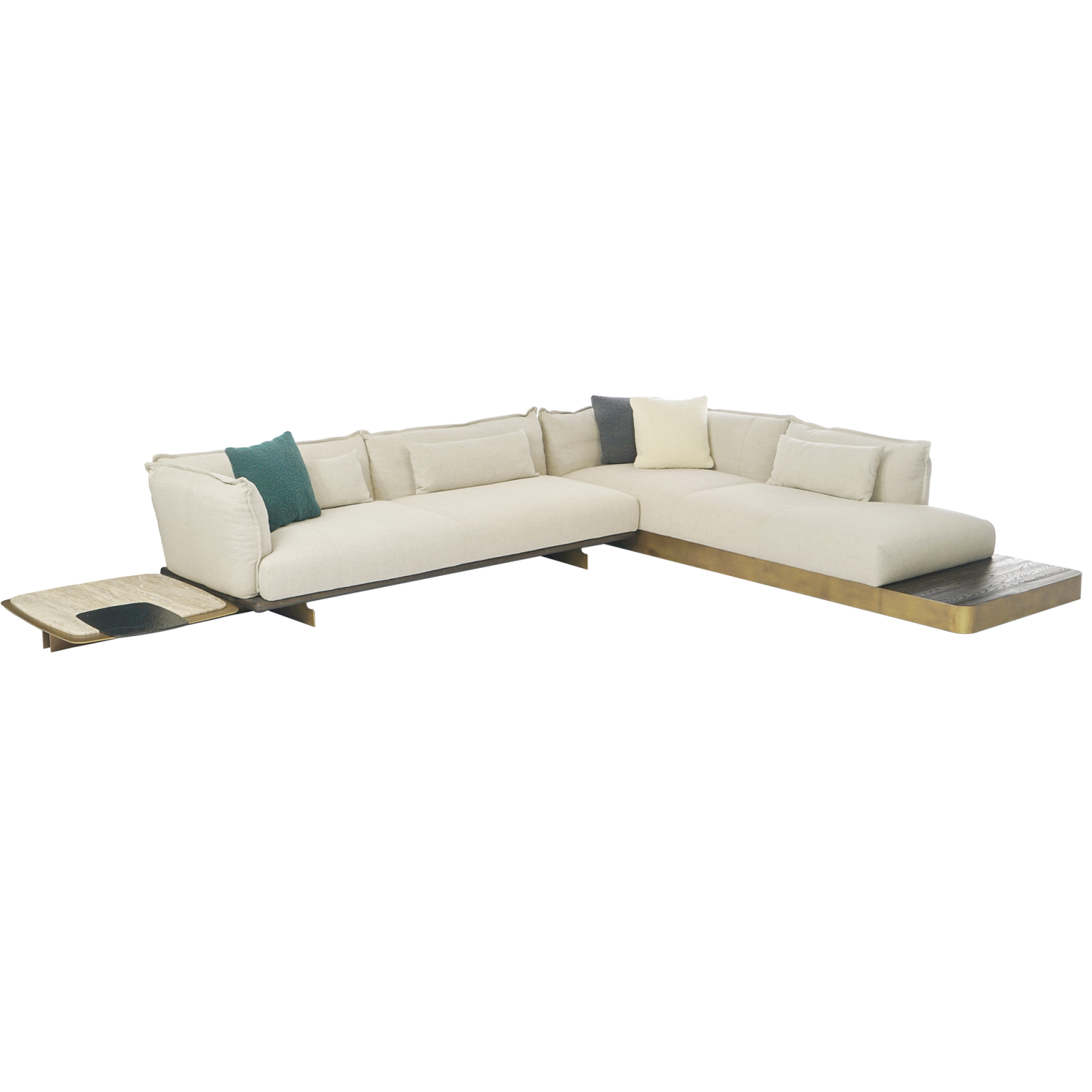 Stratos Sofa made of wood, metal, travertine, fusion glass and goose down